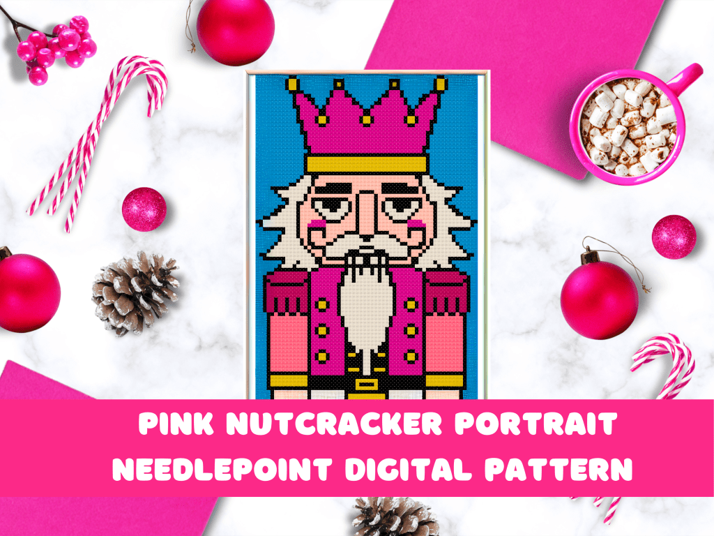 Whimsical pink nutcracker character with festive accents, stitched in soft pastel tones.
