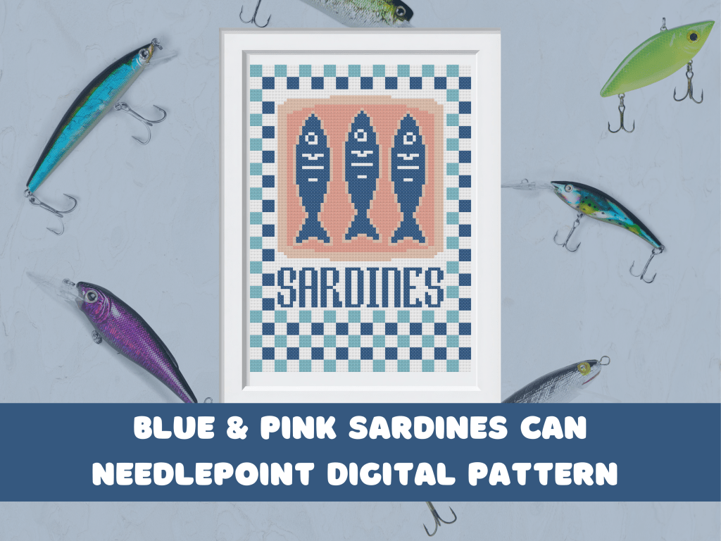 Whimsical sardine can design with three stylized fish, fishing lures, and a checkered background in blue and pink tones.