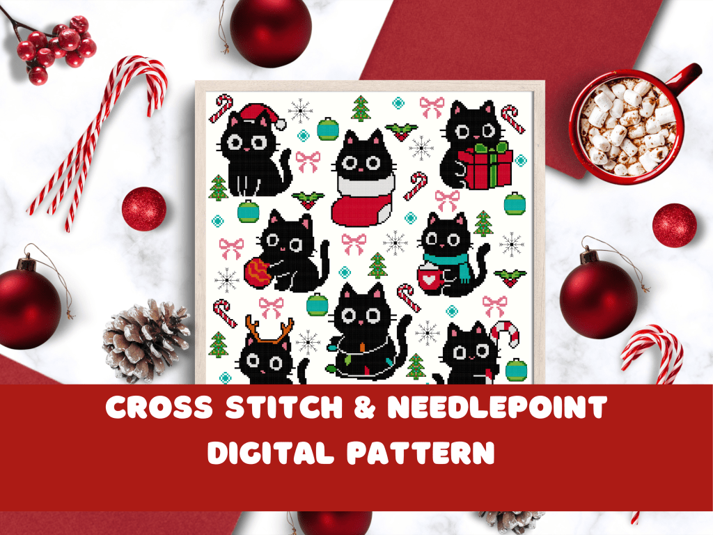Cross stitch pattern featuring black cats in cozy holiday gear, arranged in a festive grid.
