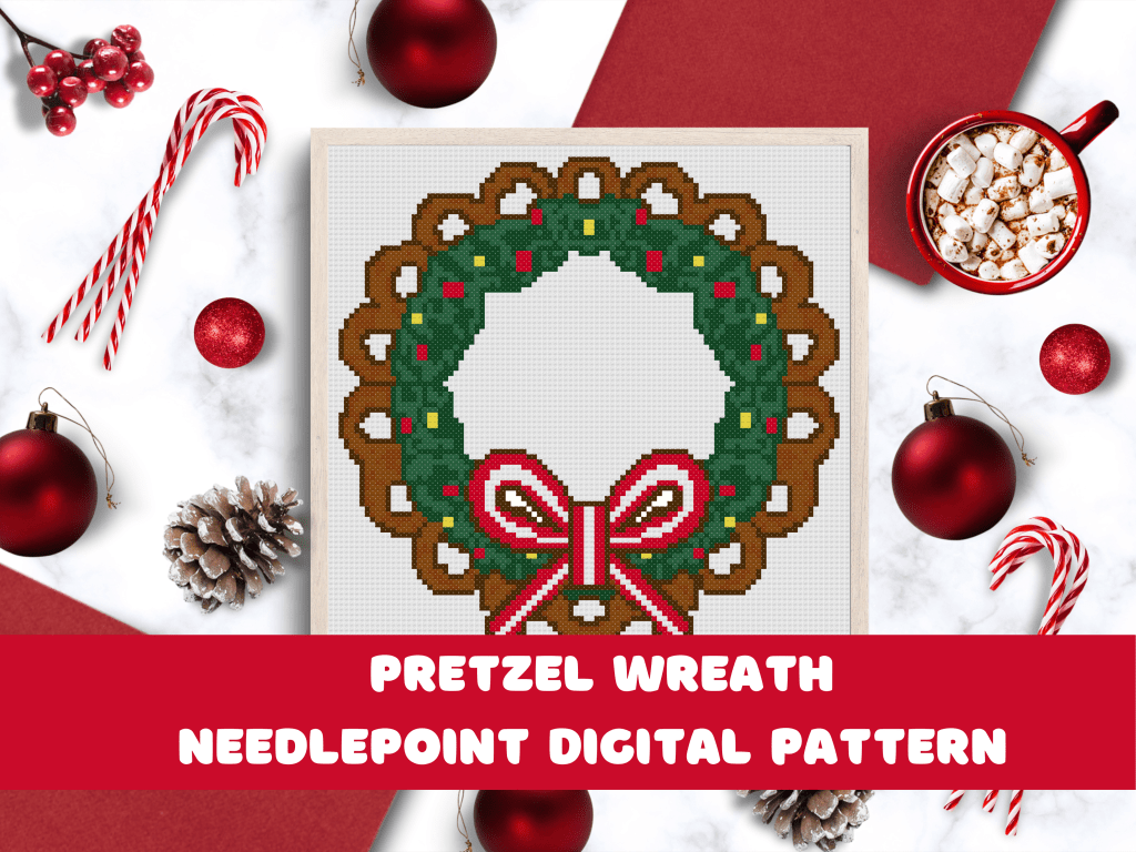 Cozy holiday motif shaped like a pretzel wreath, decorated with festive elements.