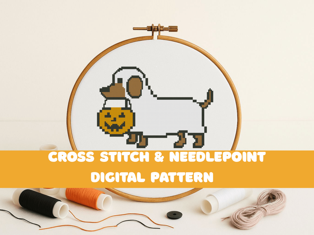 Halloween-themed cross stitch pattern of a dachshund dressed as a ghost, stitched in simple outlines.