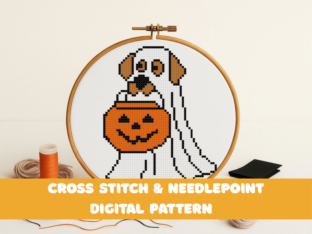 Playful Halloween dog in ghost costume, designed with bold shapes and minimal color changes.