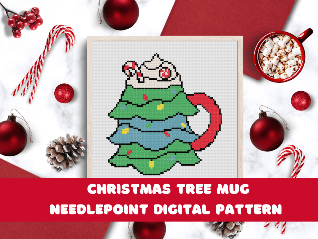 Festive tree mug pattern with lights and whipped cream, stitched in classic holiday colors.