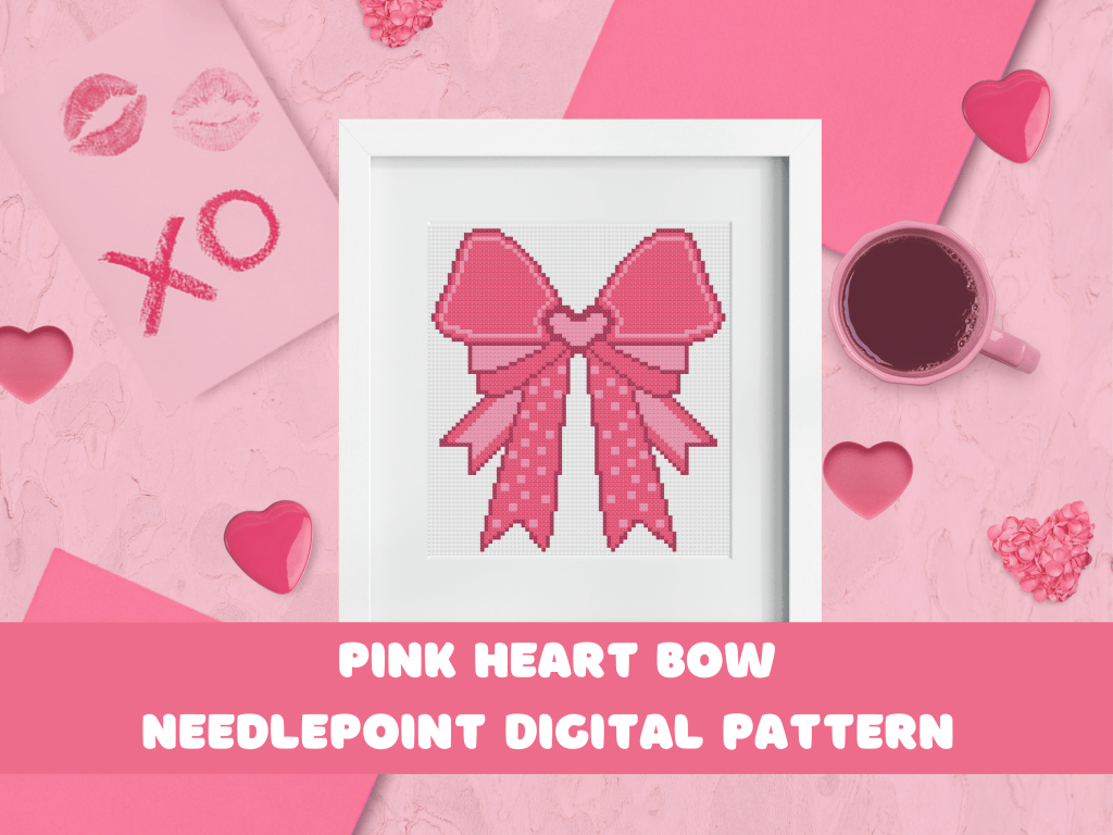 Cross stitch pattern featuring a large pink bow, surrounded by hearts and “XO” letters in a romantic theme.